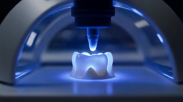 Macro shot of a UV curing light tip glowing deep blue with light scattering on tooth resin, cinematic 4K.