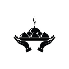 Vector illustration icon black silhouette of hands holding a covered serving dish with steam rising isolated on white background