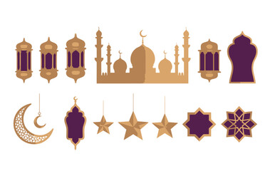 vector illustration of islamic symbols and ornaments, crescent moon, lanterns, islamic patterns, city skyline silhouette, flat minimal vector icons for ramadan and eid designs.