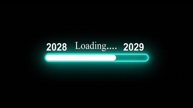 New year 2029 loading bar animation Year changing from 2028 to 2029. Loading bar from 202 to 2029 new year transfer animation. Almost reaching New Year on black background.