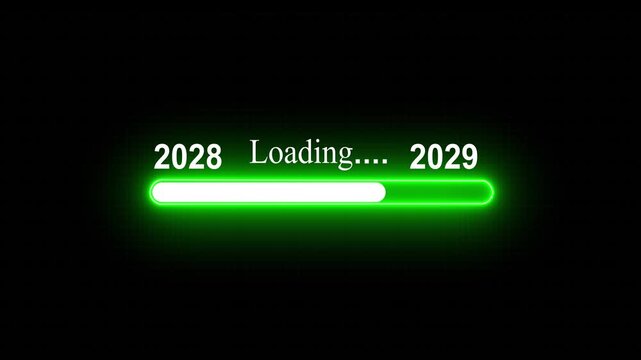 New year 2029 loading bar animation Year changing from 2028 to 2029. Loading bar from 202 to 2029 new year transfer animation. Almost reaching New Year on black background.