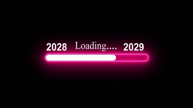 New year 2029 loading bar animation Year changing from 2028 to 2029. Loading bar from 202 to 2029 new year transfer animation. Almost reaching New Year on black background.