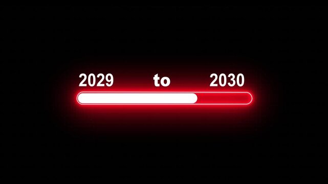 Neon loading bar progress from 2029 to 2030 yew year concept animation background. Almost reaching New Year on black background