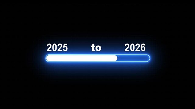 Neon loading bar progress from 2025 to 2026 yew year concept animation background. Almost reaching New Year on black background