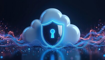 Secure cloud icon with shield protects data. Digital shield locks data stream from cyber threats. Network security concept for data storage safety.