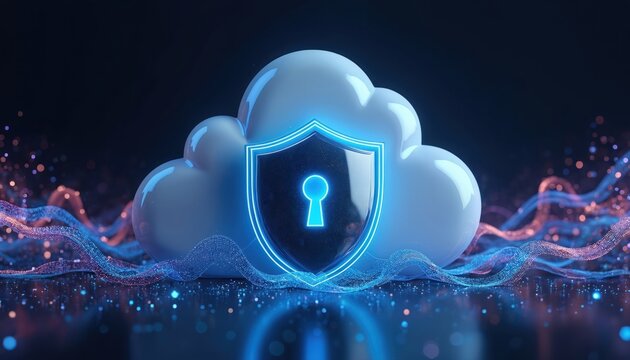 Secure cloud icon with shield protects data. Digital shield locks data stream from cyber threats. Network security concept for data storage safety. - Powered by Adobe
