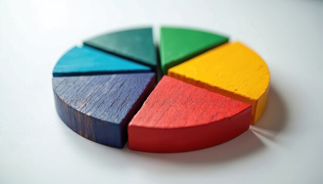 Colorful wooden pie chart sections arranged on white surface. Represents financial data, budget planning, or data segmentation. Simple visual for business analytics. - Powered by Adobe