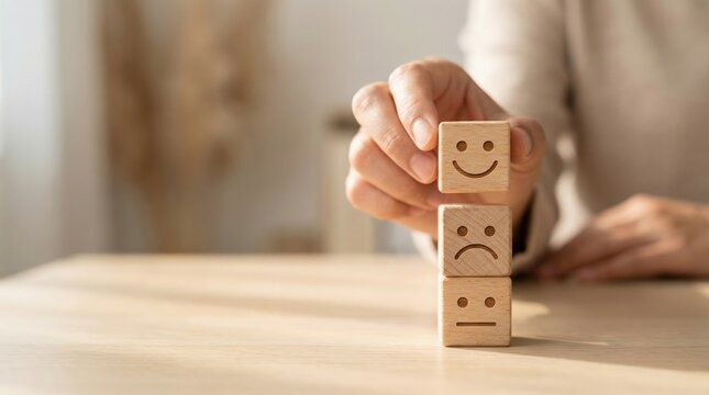 Hand placing smiling face wooden cube on stack with sad and neutral faces,concept for customer satisfaction,feedback and emotional expression in service or review systems