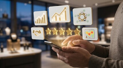 Customer experience optimization with mobile technology,interactive analytics,performance charts,user satisfaction metrics,and heatmap interface icons in a modern retail environment