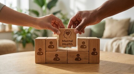 Team building and mental health awareness,diversity and inclusion in the workplace with wooden blocks showing people icons and a central mental health symbol