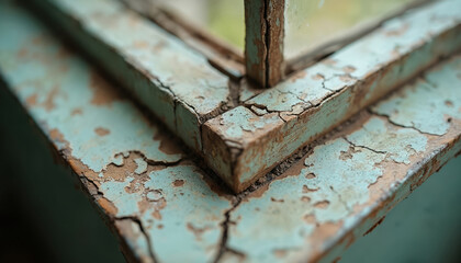 Old window frame corner shows signs of age with peeling paint and cracked wood. Texture details reveal weathered material and faded color. Background is blurred, emphasizing decay.