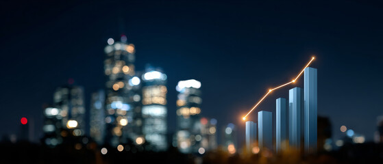 Digital 3D bar chart with glowing line graph overlay against blurred city skyline at night illustrating business growth and financial success