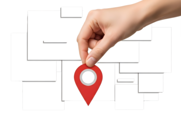 Hand holding red map pin over abstract map outline isolated on transparent background