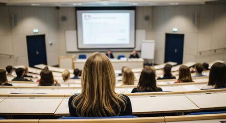 Blonde woman attending a professional training session or university lecture in a bright modern classroom with attentive participants