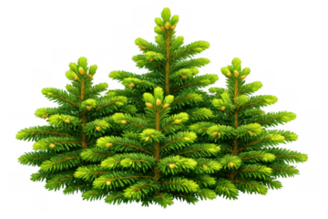 Three small green spruce trees with fresh needles and growth buds, natural evergreen plants on a transparent background