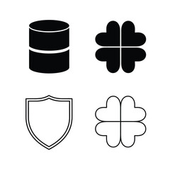Vector illustration icon collection of four black and white icons including a cylinder, shield and two flower shapes isolated on white background