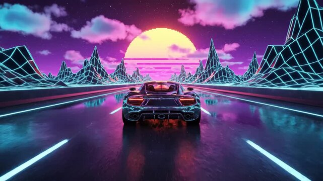Futuristic sports car driving on synthwave retro highway 4K Video
