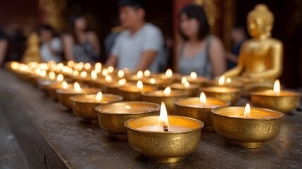 Rows of glowing candles illuminate a serene temple setting with a Buddha statue and blurred figures in prayer