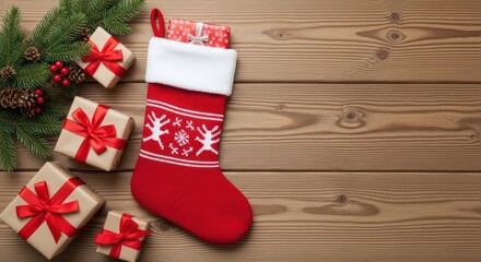 Christmas Stocking with Gifts on Wooden Table.