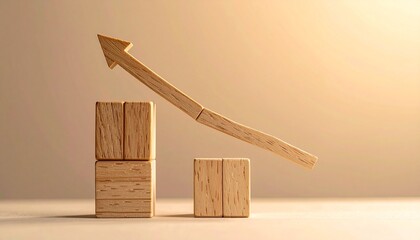 Ascending wooden blocks with dual arrows and soft foliage backdrop, symbolizing growth, progress, and upward momentum.