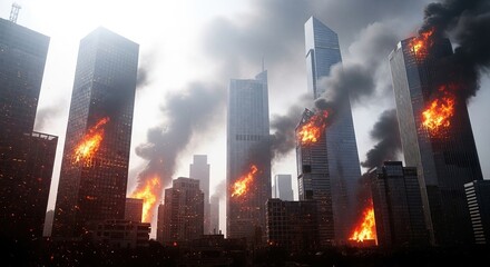 Dramatic scene of urban skyscrapers on fire with billowing smoke and fiery explosions under a stormy sky at twilight