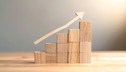 Ascending wooden blocks with dual arrows and soft foliage backdrop, symbolizing growth, progress, and upward momentum.
