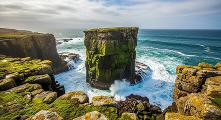 Dramatic coastal sea stacks covered in vibrant green moss rising from turbulent ocean waves under a partly cloudy sky