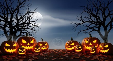 Halloween Pumpkins with Spooky Faces and Trees.