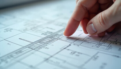 Finger points to HVAC duct system detail on architectural floor plan blueprint. Engineer reviews building ventilation layout. Planning HVAC installation in residential or commercial structure.