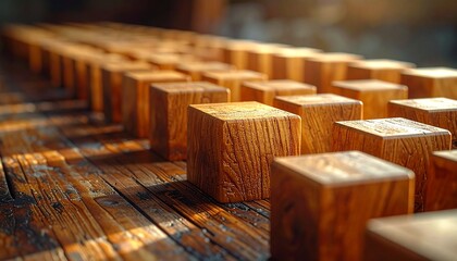 Five identical wooden cubes in a horizontal line on warm wood, set against a neutral gradient backdrop.