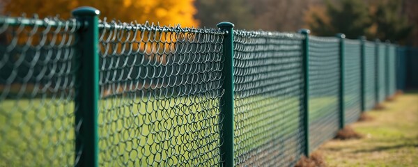Green chain link fence stretches long outdoors. Metal barrier stands on sunny day. Green grass field on one side, trees in fall colors blur background. Marks clear property boundary, offering