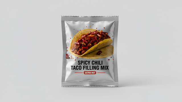&ldquo;Spicy Chili Taco Filling Mix sachet on white background &ndash; food packaging stock photo&rdquo;

