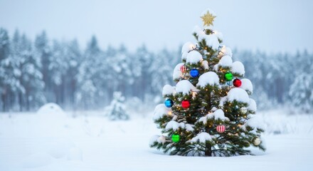 Snow Covered Christmas Tree in Winter Landscape.