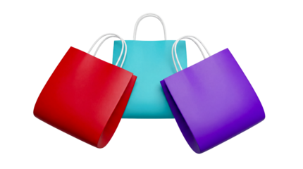 Three colorful shopping bags with white handles on a white background for retail or gift concepts with commerce and sale and discount and promotion