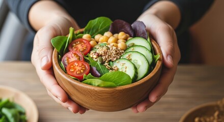 Healthy Salad in Wooden Bowl Held.