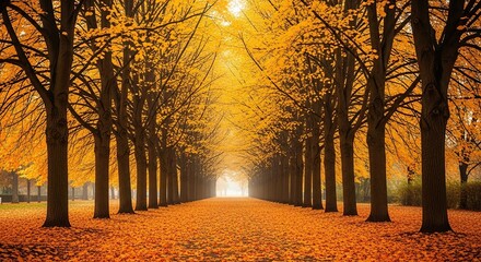 Serene autumn forest pathway with golden leaves and sunlight filtering through towering trees in a tranquil park setting