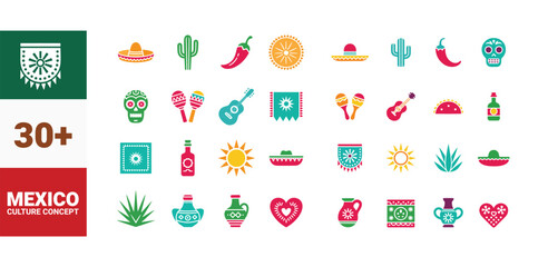 Colorful collection of Mexican themed icon set and design elements displayed on white © G. Rabbani
