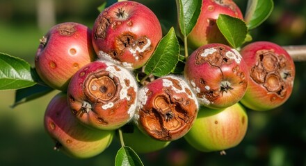Rotten Apples Hanging from Tree Branch.