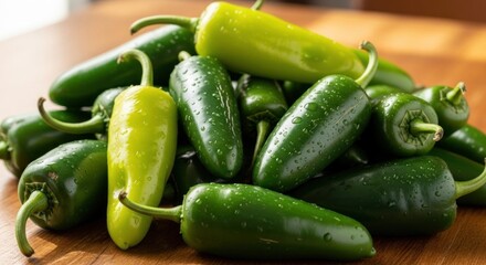 Fresh Jalapeno Peppers on Wooden Surface.