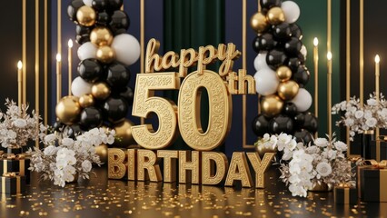 Premium Happy 50th Birthday Embossed Gold Lettering on Luxury Background for Anniversary Celebration