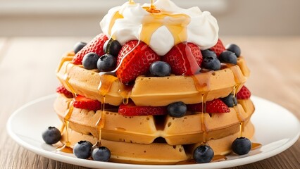 Waffles topped with strawberries, blueberries, whipped cream, and syrup drizzle.