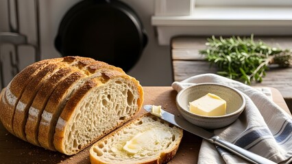 Freshly baked sourdough bread, sliced, with rustic kitchen props.