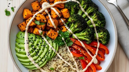 Vegan Buddha bowl with quinoa, roasted vegetables, avocado, and tahini drizzle.