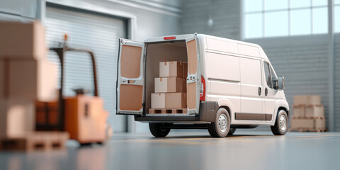 White delivery van with open rear doors loaded with cardboard boxes inside a spacious warehouse with pallets and forklift