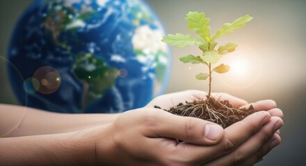 Hands Holding Small Plant with Earth.