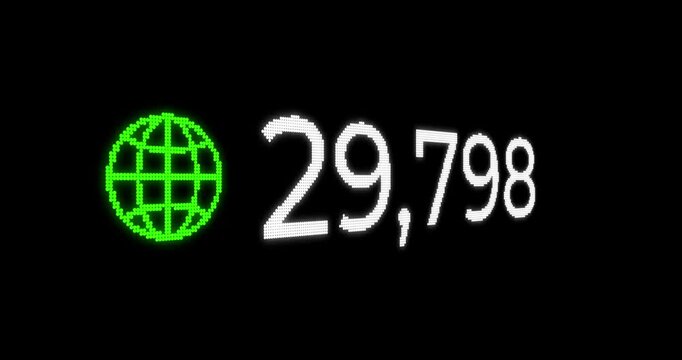 Animated design of a number sequence with a digital green world icon on a black background