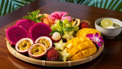 Exotic tropical fruit platter: dragon fruit, passion fruit, mango, styled beautifully.