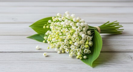 Lily of the Valley Bouquet on Wooden Surface.