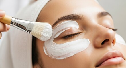 Professional esthetician applying soothing under-eye skincare cream with precision brush during facial treatment session