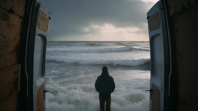 Solitary figure contemplates the turbulent sea, framed by the open van doors under a dramatic sky. The scene captures themes of wanderlust, freedom, and introspection in a coastal setting